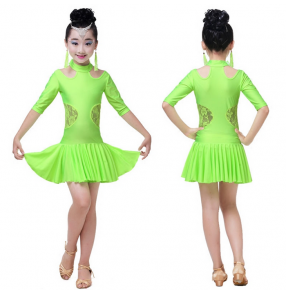 Neon green fuchsia hot pink black short sleeves turtle neck girls kids children stage performance school play competition gymnastics professional latin salsa cha cha dance dresses outfits 